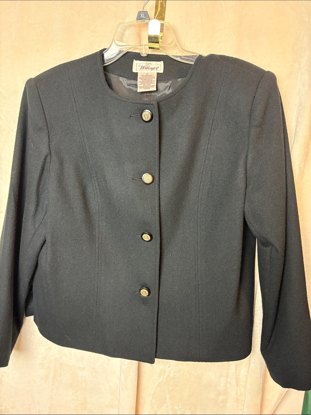 Worthington collarless  Black Wool Button Jacket & skirt suit size 14